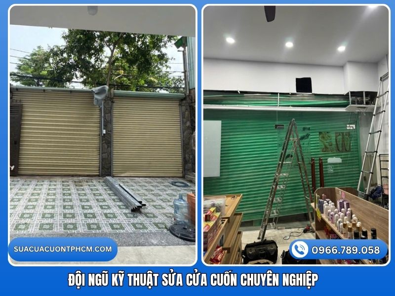 Kỹ thuật viên kiểm tra cảm biến đảo chiều cửa cuốn