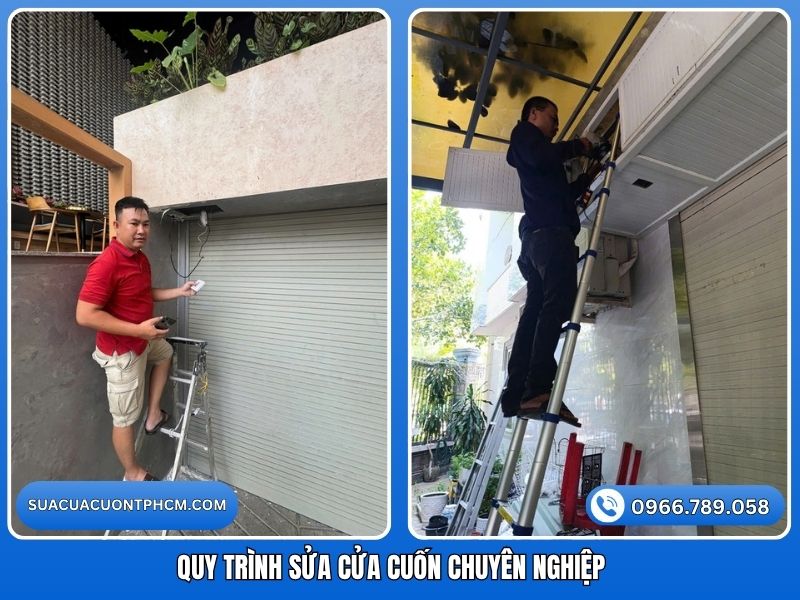 Thợ kỹ thuật thực hiện quy trình sửa cửa cuốn chuyên nghiệp, đảm bảo an toàn và hiệu quả