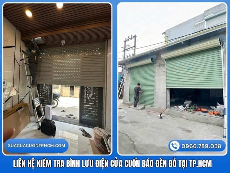 Thợ kiểm tra lỗi bình lưu điện cửa cuốn báo đèn đỏ tại TPHCM.