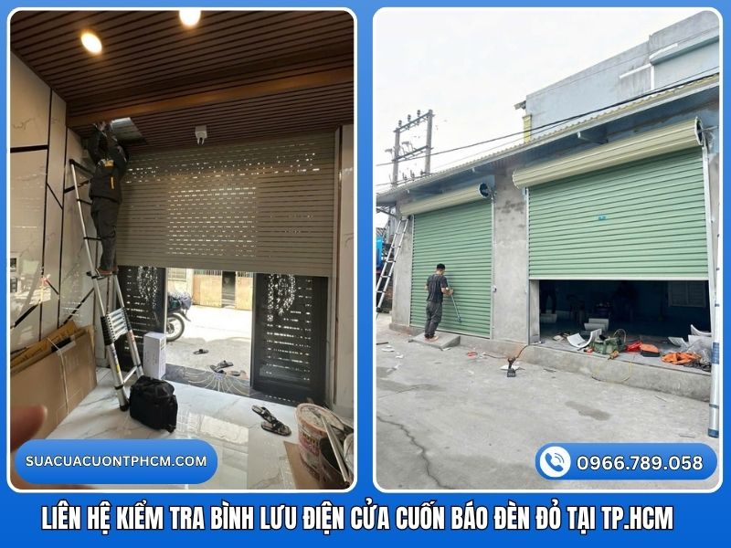 Thợ kiểm tra lỗi bình lưu điện cửa cuốn báo đèn đỏ tại TPHCM.