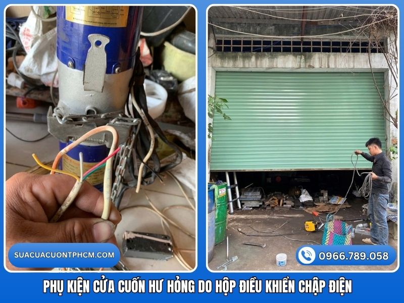 Các phụ kiện cửa cuốn bị ảnh hưởng hư hỏng do chập điện hộp điều khiển.