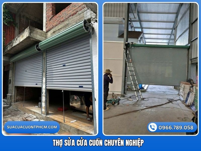 Thợ sửa cửa cuốn chuyên nghiệp đang kiểm tra khắc phục sự cố nguồn điện.